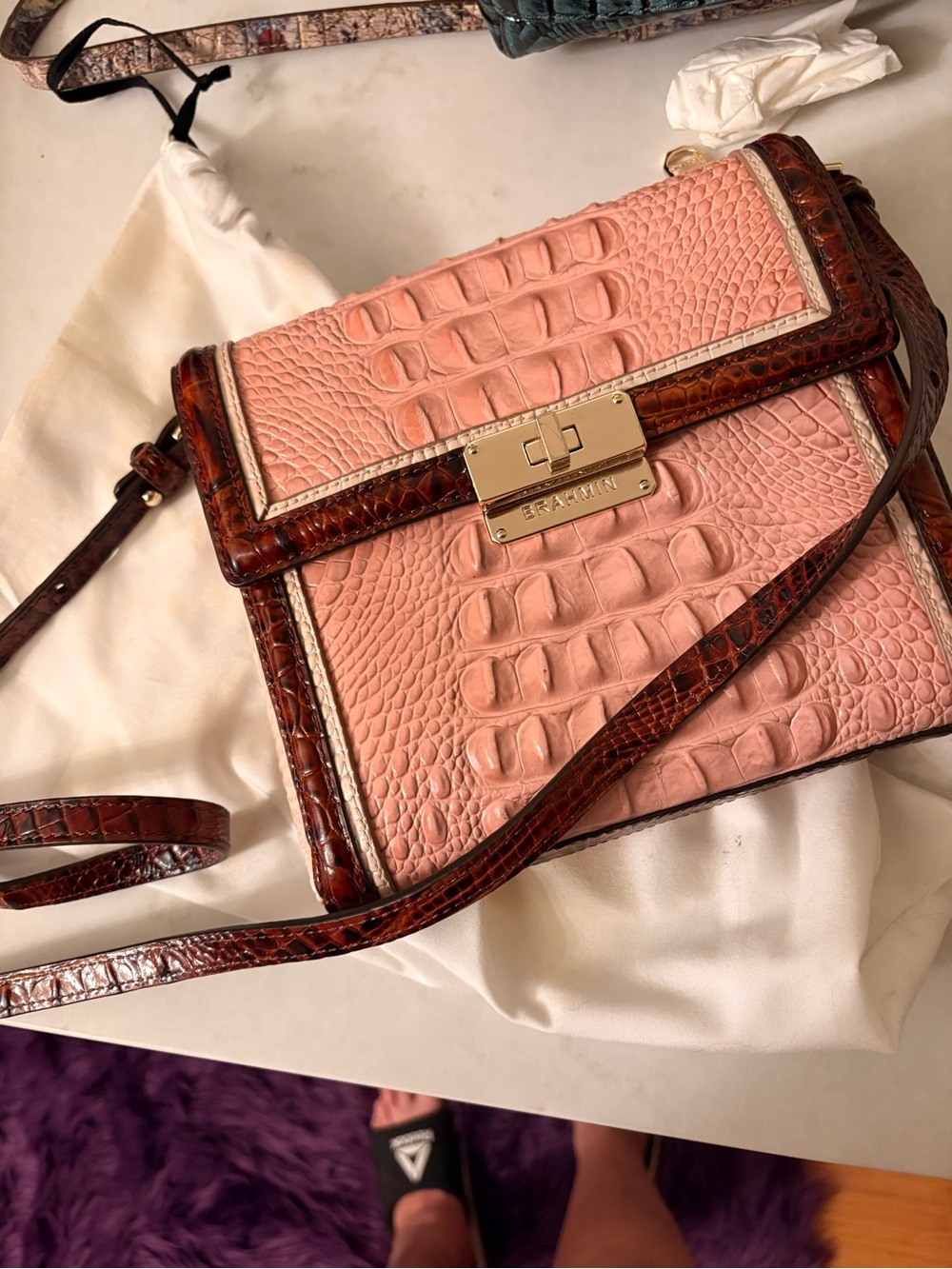Brahmin Blush Pink Croc-Embossed Leather Crossbody with Brown Trim